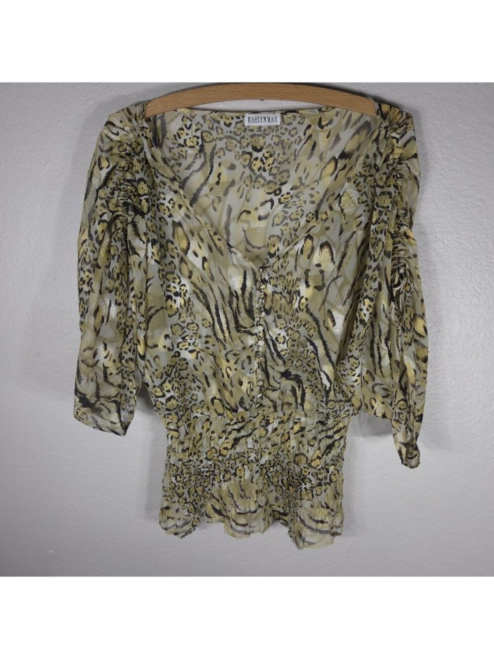 Kaelyn Max Golden Leopard Print Crinkle-Pleat Sheer Top Blouse Ruffle Size L
